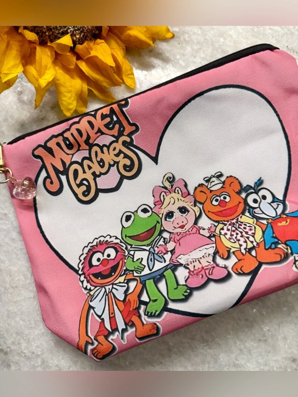 New Retro 80s Style Muppet Babies Makeup Tech Pencil Zippered Bag w/ Charm 9”x7”